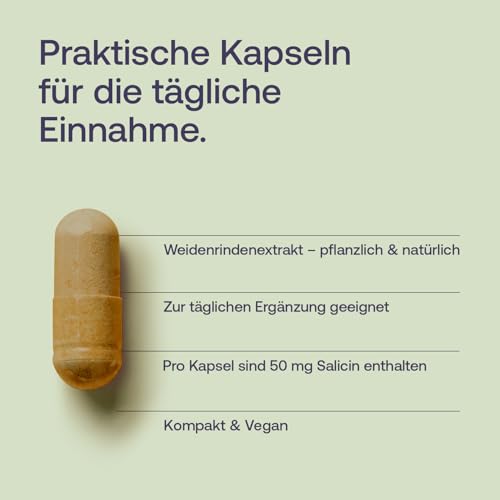 Weidenrinde-Kapseln - 60 Kapseln für 2 Monate - 200 mg Weidenrindenextrakt - Natürlicher Pflanzenextrakt - Mit 50 mg Salicin - 100% natürlich