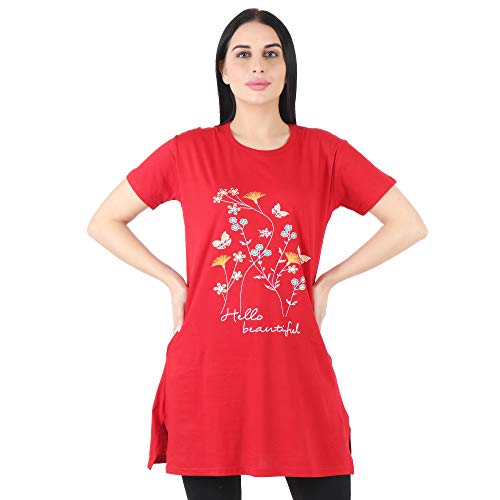 Image of Regular Loose Fit Cotton Round Neck Printed Half Sleeve T-Shirt, Night Sleep, Yoga, Lounge and Daily Use Gym Wear Long Tops and Tees for Women Ladies and Girls