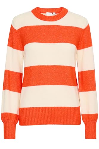 ICHI IHEDEN Damen Strickpullover Feinstrick Pullover Pulli mit Rippkragen Rippbündchen leicht elastisch Loose fit, Größe:L, Farbe:Orange.com Almond Milk Stripe (203333)