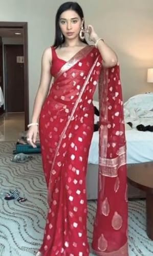 Image of SATAZ Women's Ready to Wear Saree Cotton Linen Silk 1 Minute Pre Pleated Saree with Unstitched Blouse (Red)