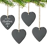 4 Pack Christmas Slate Heart Ornaments Personalized Memorial for Couples DIY First Christmas Hanging Heart Keepsake Engraved Romantic Custom Gift Decor for Christmas Tree Engaged Wedding Party