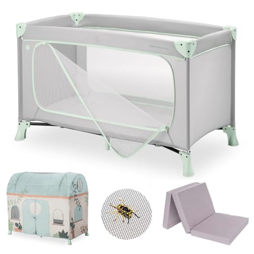 hauck Lit Parapluie Bebe avec Matelas Dream N Play Plus, Pack XXL avec Tente de Lit, Moustiquaire – Accès Latéral et Sac de Transport - Dusty Mint