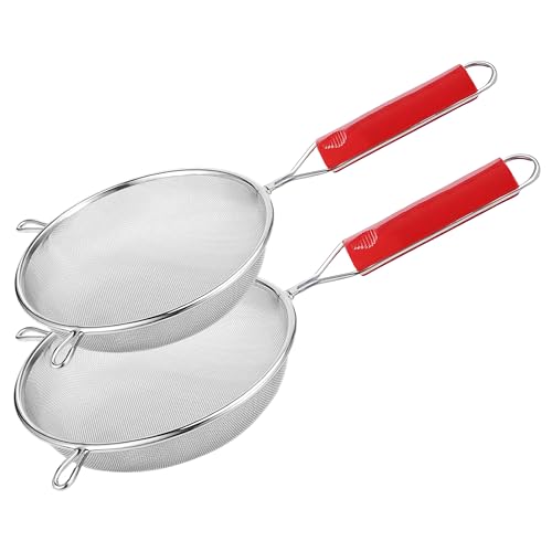 Image of Unify 2 Pieces Stainless Steel Soup & Juice Strainer /Liquid Filter for Kitchen Use, Large Soup Chalni with Red Handle, Rice & Juice Use (Size-7, 8, Dia-18.5cm, 21cm, Set of 2, Silver)