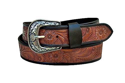 Western Genuine Leather Floral Tooled Casual Jeans Belt For Men and Women 30AB1092