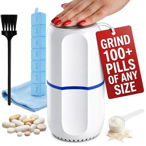 Electric Pill Crusher Grinder - Fine Powder Electronic Pulverizer for Small & Large Medication & Vitamin Tablets - Comes with Pill Organizer, Brush, Spoon, Cloth & Stainless Steel Blades by Pill Mill