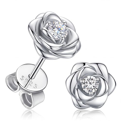 White Gold Plated Rose Flower Stud Earrings for Women Gift Flower Stud Earrings Cute Unique Earrings for Women