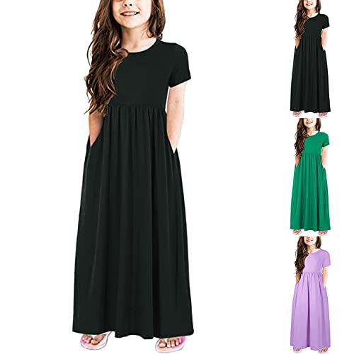 Kids Girls Long Maxi Dress Short Sleeve Stripe Print Loose Casual Holiday Dress with Pocket Toddler Sundress Clothes