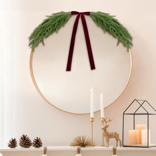 Luinabio 2.6ft Christmas Mirror Garland Artificial Norfolk Pine Swag for Mirror with Velvet Bow Faux Greenery Garlands Christmas Wreath for Xmas Home Door Mailbox Indoor Fireplace Decor(Burgundy Red)