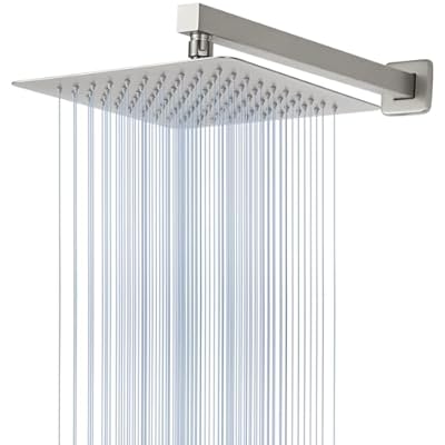 Voolan All Metal Shower Head with Extension Arm, Stainless Steel Waterfall Rainfall Showerheads, High Flow Bathroom Square Rain Shower Head (10’’ Shower Head with 16’’ Shower Arm, Brushed Nickel)