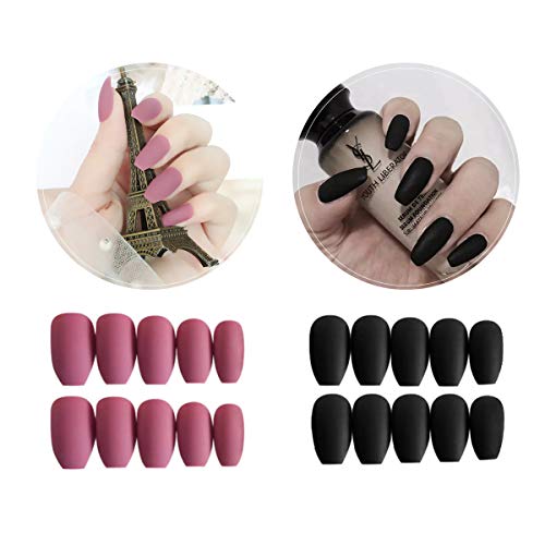 48 Pcs (2 Boxes) Black & Deep Pink Coffin Press on Nails -Full Cover Medium Length Matte False Nails Set Artificial Acrylic Nails Resin Fake Fashion Nail Art Design Manicure Set