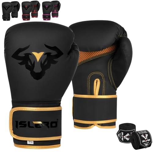 Islero EVO Fitness,Guantes de boxeo negros mate para hombre, bolsa de boxeo para mujer, color rosa, MMA Muay Thai, artes marciales, guantes de combate con envolturas de mano (12 onzas, dorado)