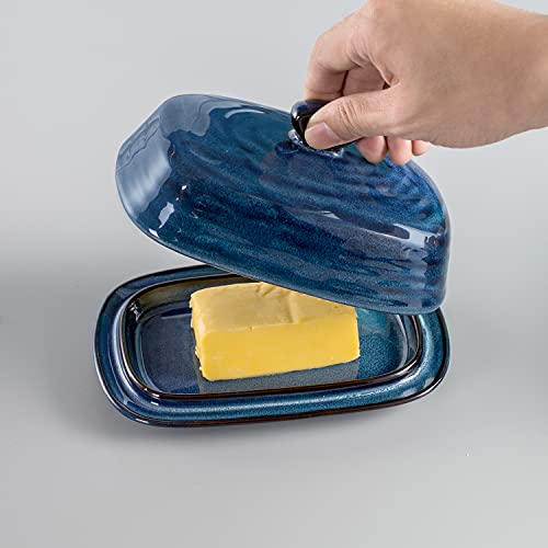 Hasense Porcelain Butter Dish With Lid, Covered Butter Container With Handle Design For Countertop, Blue #TOP3