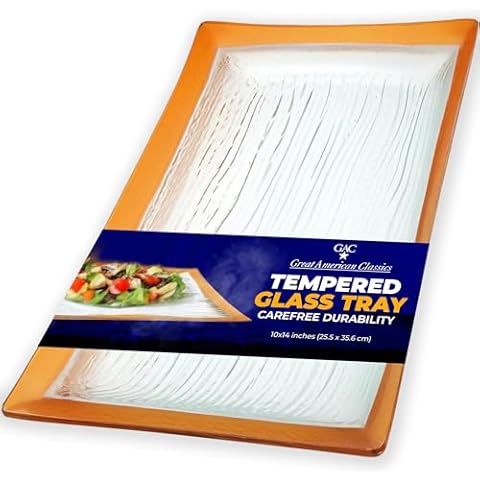 GAC Rectangular Modern Glass Serving Platters with Gold Rain Flower Design – Clear Glass Turkey Platter– Microwave & Oven Use, Durable, & Lightweight Heat Safe Crystal Platter–Ideal Present-10x14 Inch Cover