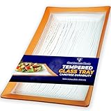 GAC Glass Serving Platter w/Gold Rain Flower Design - Rectangular Dinner Plates, Platters for Serving Food - Decorative Tray for Party - Microwave & Dishwasher Safe Serveware - 10x14 Inch