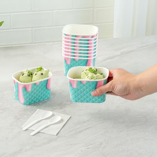 Image of Restaurantware Paper Cups 50 Count 12 Ounce Square Disposable Ice Cream Containers, Leak-Resistant Paper Dessert To Go Cups, Hot And Cold Food, Durable Bubblegum Splash Design