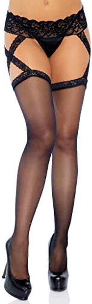 Leg Avenue Womens Lace Top Sheer Stockings with Backseam and Attached Garter Belt