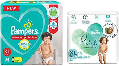 Image of Pampers Pure Protection Baby Diapers, XL Size Taped Diapers, 19 Count & Pampers All round Protection Pants, Extra Large size baby diapers (XL) 34 Count, Anti Rash diapers,