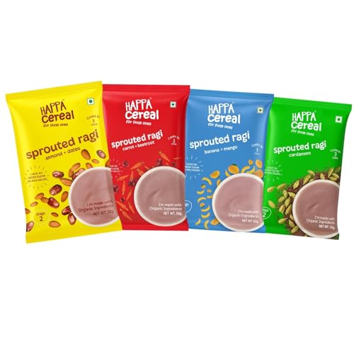 Image of Happa Ragi Cereal for Babies | Only 3 Ingredients | No Sugar, Oil, Milk Powder, Flavours or Colours | Traditional Porridge Recipe | Cooks in 3 Minutes | Stage 2 (6 Months+) | Pack of 4 (50g Each)