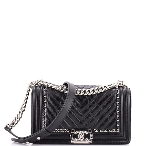 Pre-Loved Jacket Boy Flap Bag Chevron Calfskin Old Medium, Black