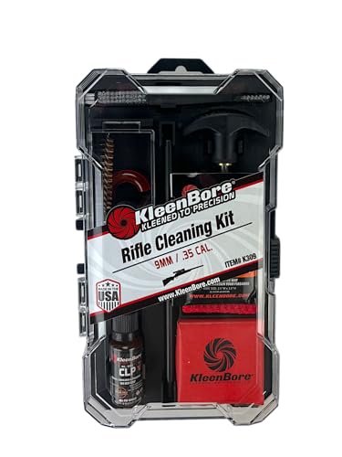 KleenBore 9mm .35 Cal Rifle Cleaning Kit – Pistol Caliber Carbine Cleaning Kit with Steel Rod, Bore Brush, Jag, CLP & Patches