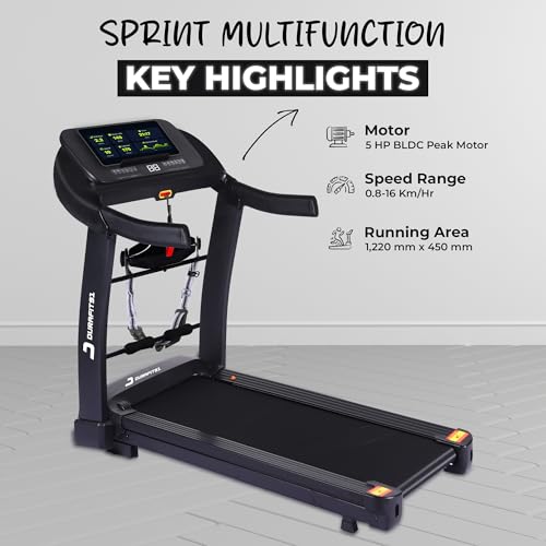 Image of Sprint Multifunction 5HP Peak BLDC Motorized | Hydraulic Foldable Treadmill | 16 Km /Hr Max Speed| 140Kg User Weight | Bluetooth Speaker| Wynd app | Home use| Black