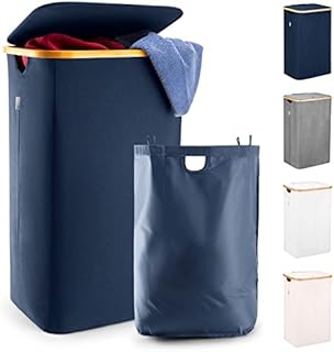 LLonbet - Laundry Baskets with Blue - XL 100 L - Washing Baskets for Laundry with Laundry Bags - Hamper Basket for Bedrooms - Bamboo Laundry Hamper - Dirty Clothes Laundry Bin