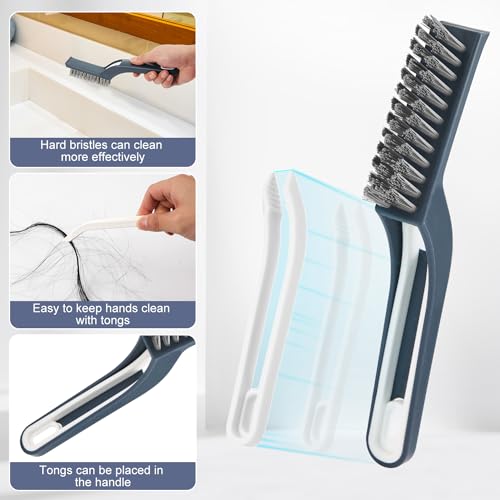 Image of PEUTIER 2pcs Hard Bristle Crevice Cleaning Brushes and 2pcs Hooks, Multifunctional Gap Cleaning Brush Grout Cleaner Scrub Brush for Household Use Shower Tile Kitchens Bathrooms Window Toilet (Blue)