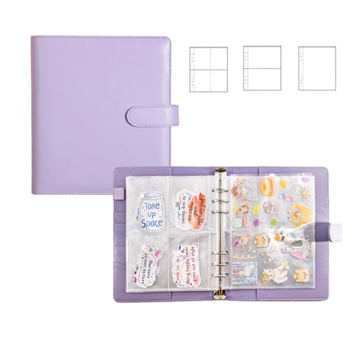 Image of Sticker Binder Organizer with Storage Sleeves,Reusable Stickers Collecting Book Album Holder, A5 Blank Sticker Container Organizer-Purple