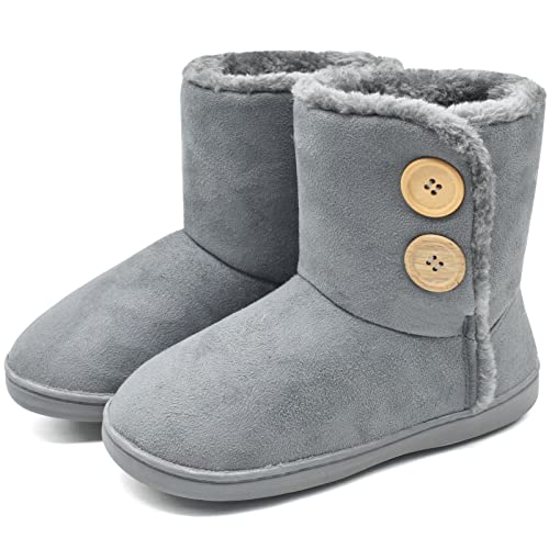 KuaiLu Hohe Hausschuhe Boots Damen Winter Fell Gefütterte Hausstiefel Frauen Warme Flauschige Plüsch Hüttenschuhe Kuschel Geschlossen Hausschuhe Stiefel Hausboots Kuschelhaussschuhe Grau 42-43 EU