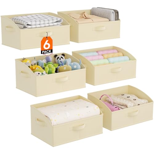 Lifewit Large Trapezoid Closet Storage Bins for Shelf, 6 Packs Non-woven Closet Organizer Baskets with Handles, Foldable Clothes Containers Boxes for Clothing, Book, Purse, 19L, Beige
