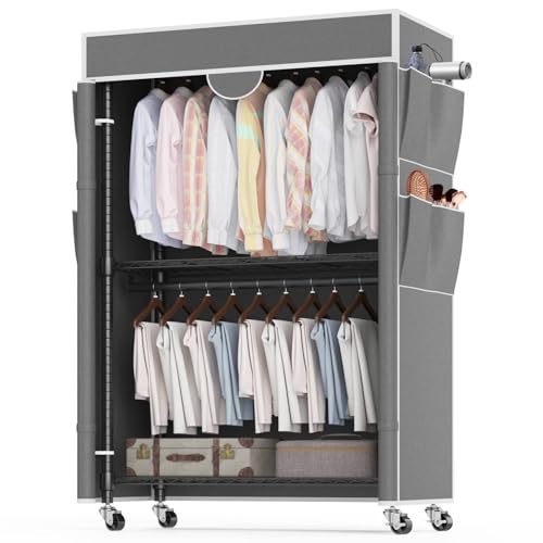 Himimi Perchero de 3 Niveles con Cubierta Perchero Robusto con Ruedas y Altura Ajustable, Barra de Ropa de Metal Estable con 2 Barras para Colgar y 4 Bolsillos Laterales, 90 * 45 * 205cm, Gris