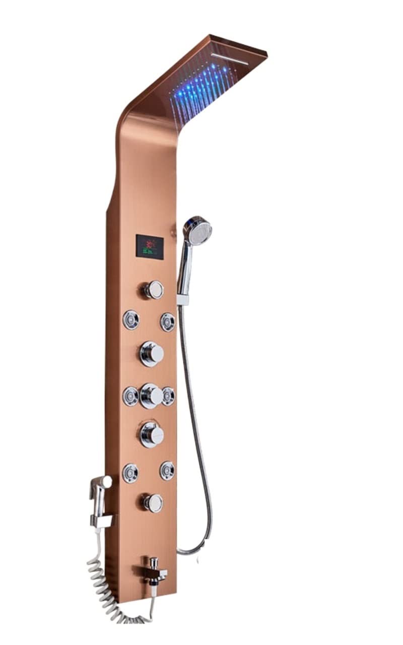 Soywim Rose Golden 8009 Shower System, Led Bathroom Shower Panel 6 Modes Intelligent Lcd Column Rose Gold Rain Waterfall Bath Systems With Massage Jet Mixer Tap(Rose Golden 8009)
