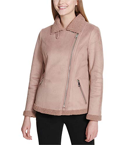 Calvin Klein Womens Faux Sherling Coat, Pink, Large