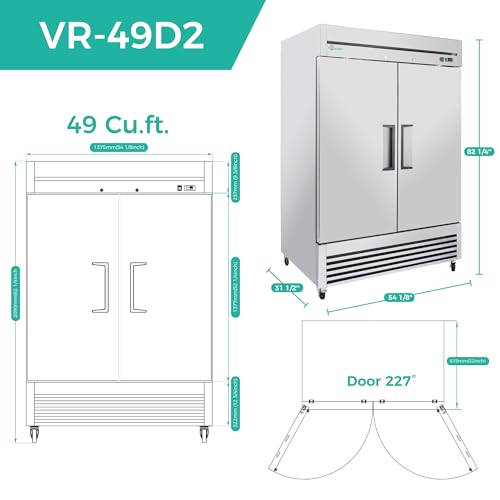Image of 54 inch W Commercial Refrigerator 49 Cu.Ft Stainless Steel 2 Door Reach-in Fridge, 32-37℉ Precise Air Cooling Beverage Cooler with LED Light, 6 Shelves, R290 Compressor, ETL Certified for Supermarket Bar