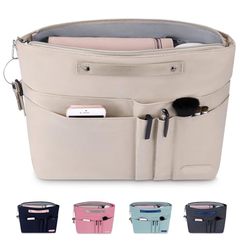 HyFanStr Organizador de Bolsos, Poliéster Organizador Bolso Shopper Bolsa Organizadora con Llavero, Bolso Interior con Cremallera Bolsillo Interno para Almacenar Cosméticos Documentos Beige XL