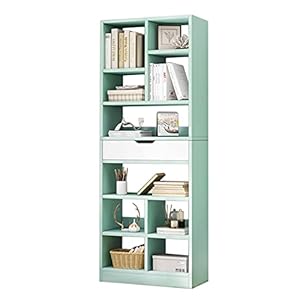 IOTXY Wooden Open Shelf Bookcase – 71 Inches Tall Freestanding Display Storage Cabinet Organizer with 10 Cubes and a Drawer, Floor Standing Bookshelf in Tiffany-Green