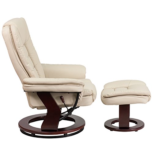 Flash Furniture Contemporary Multi-Position Recliner With Horizontal Stitching And Ottoman With Swivel Mahogany Wood Base In Beige Leathersoft #TOP5