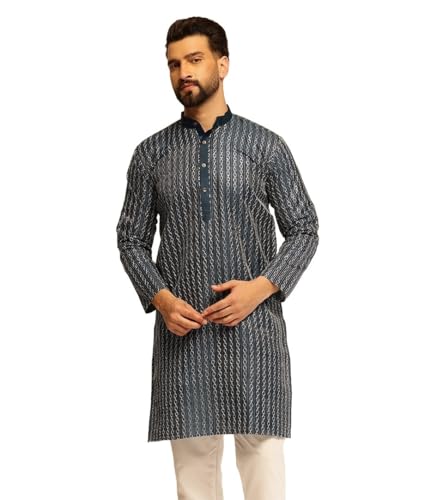 Image of SOJANYA (Since 1958 Men's Silk Blend Long Kurta with Subtle White Detailing | Traditional Ethnic Wear for Navratri