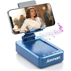 JTEMAN Cell Phone Stand with Bluetooth Speaker, HD Stereo Sound & Anti-Slip Base, Foldable Adjustable Desktop Phone Holder for Home Office, Cool Tech Gadgets Birthday Gifts for Men Women (Blue)