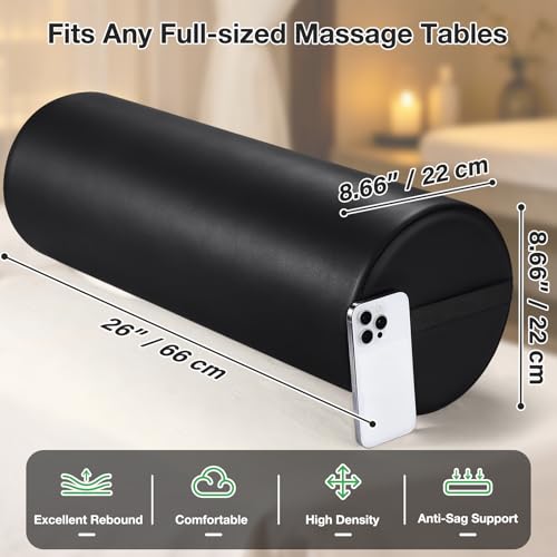 Image of Full Round Bolster Pillow, 26 inch x 9 inch PU Leather Massage Table Bolster with Strap Handle, Massage Pillow for Knee Back Ankles Pain Relief, Comfortable Leg Bolsters Cylinder Pillow for Home / Spa / Yoga