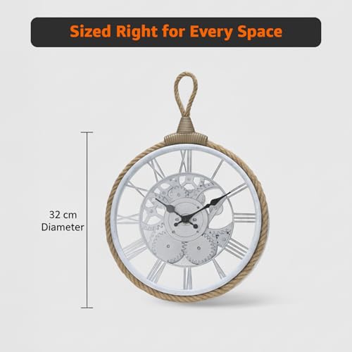 Image of Amazon Basics Plastic Wall Clock with Rope for Hanging, Skeleton Dial Design, Lightweight & Durable, 32 cm Diameter x 4.5 cm Width, Ideal for Indoor Decor - White