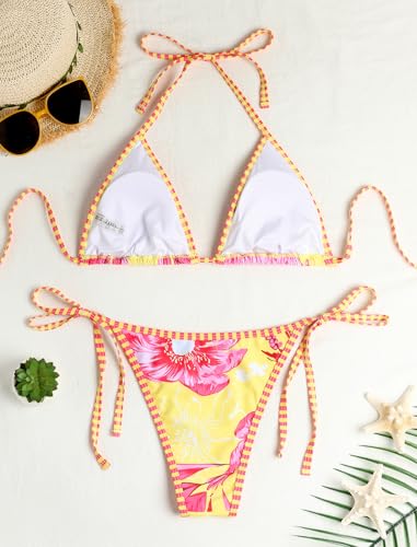 Image of ZAFUL Womens Printed Triangle Bikinis 2 Piece Halter Bikini Sets High Cut Bathing Suit Side Tie Swimsuits