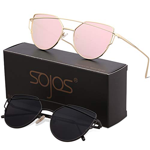 SOJOS Cat Eye Sunglasses for Women Fashion Designer Style Mirrored Lenses SJ1001 with SJ1001C1Black/Grey and SJ1001C2Gold/Pink
