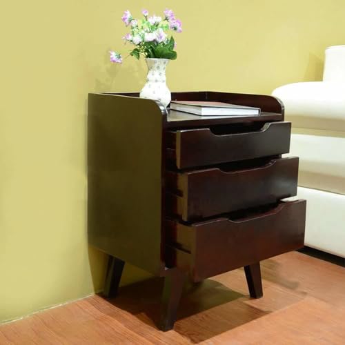 Image of SHIKHA WOOD CRAFT Sheesham Wood Bedside End Table with 3 Drawer Storage Wooden Night Stand for Bedroom Living Room Home (Rosewood Finish)