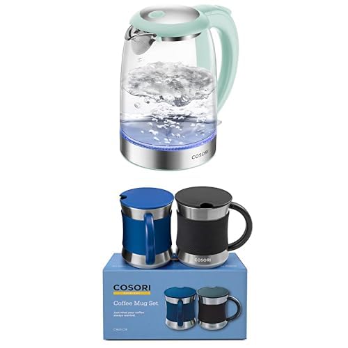Bundle of COSORI Electric Kettle Green + COSORI Coffee Mug with Lids Set of 2