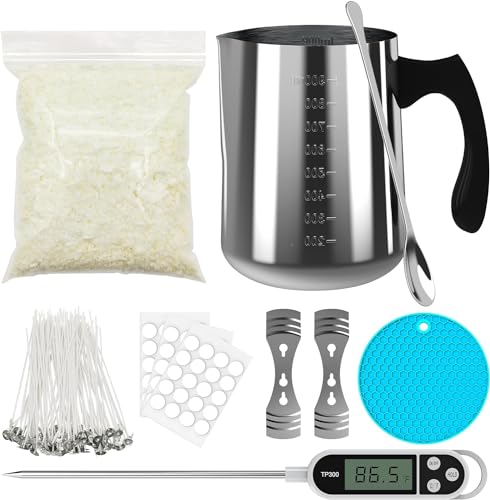 NOPWOK Kit per realizzare candele - Cera di soia DIY - Adulto - Vasetto da 900 ml - Candele adesive - Supporto per stoppino - Termometro