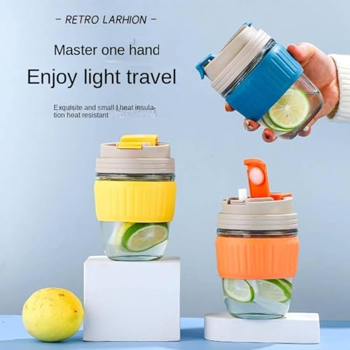 Image of 350ml Glass Sipper with Straw - Reusable Coffee Mug for Water, Juice, Tea, Cocktail - Travel & Home Use Cup with Lid & Handle - Multicolour Tumbler - Pack of 1