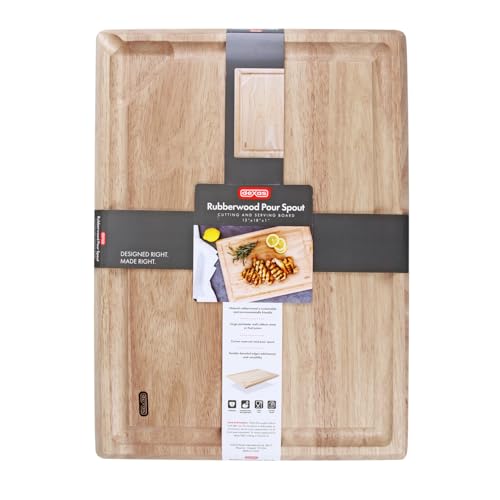 Tabla de cortar Dexas Rubberwood con vertedero - 45.72 cm x 33.02 cm x 2.54 cm | Surco para jugos, esquinas para fácil vertido, madera resistente para tallar y picar miniatura 1