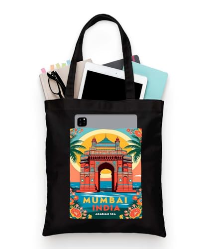 Image of ZORI Black Tote Bag With Pocket Printed Designed Canvas Tote Bags For Women large capacity,Tote bag For Shopping, College, Travel, More Canvas Handbag For Unisex Bag