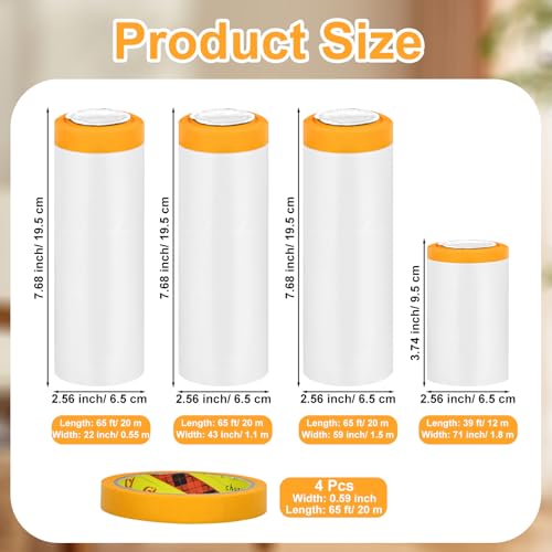 Image of Tape and Drape with 4 Rolls Masking Tape, 4 Sizes Pre Taped Masking Film for Automotive Painting Covering, Multi Use Painters Plastic with Tape for Car Furniture Painting Sheeting Covering